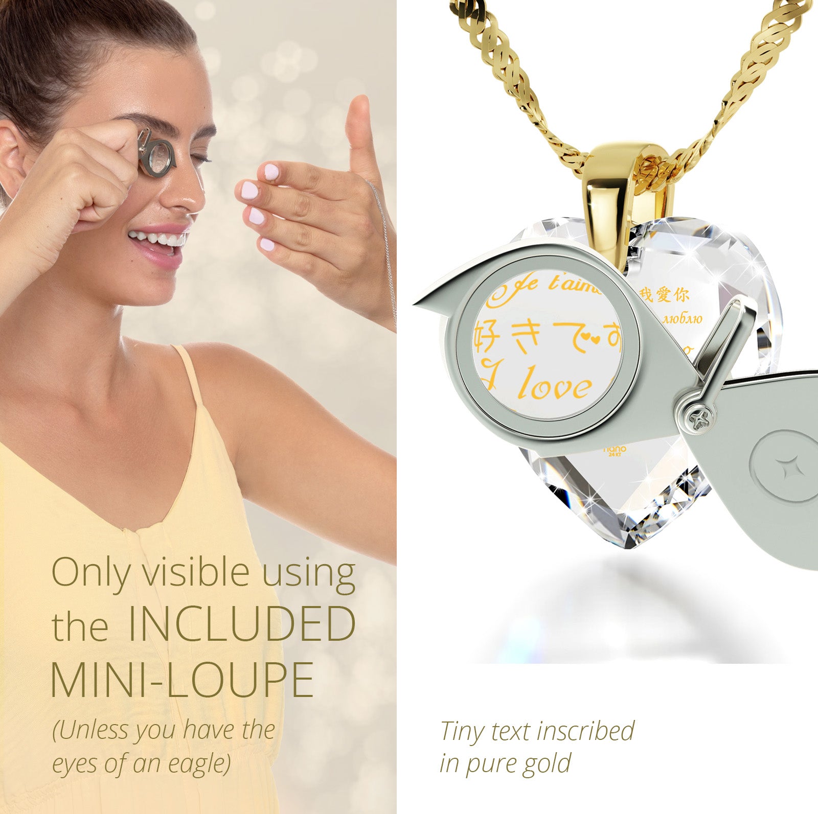 Girl looking thru magnifying glass 24k gold inscribed nanostyle necklace