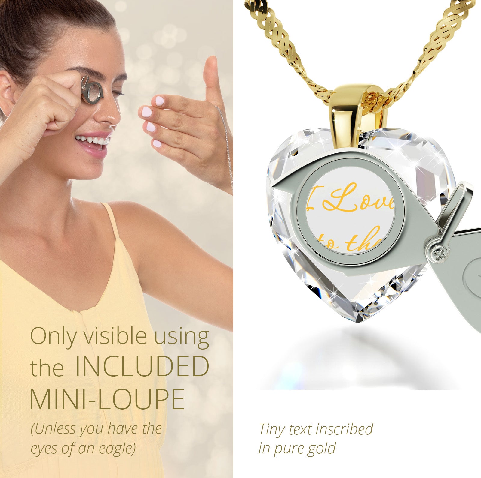 Girl looking thru magnifying glass 24k gold inscribed nanostyle necklace