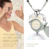 Girl looking thru magnifying glass 24k gold inscribed nanostyle necklace