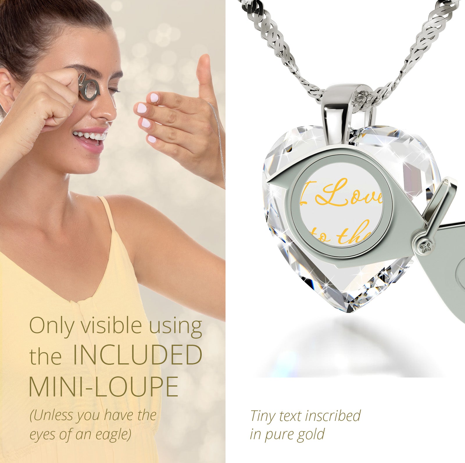 Girl looking thru magnifying glass 24k gold inscribed nanostyle necklace