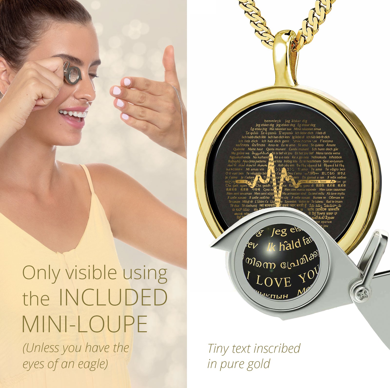 Girl looking thru magnifying glass 24k gold inscribed nanostyle necklace