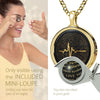 Girl looking thru magnifying glass 24k gold inscribed nanostyle necklace