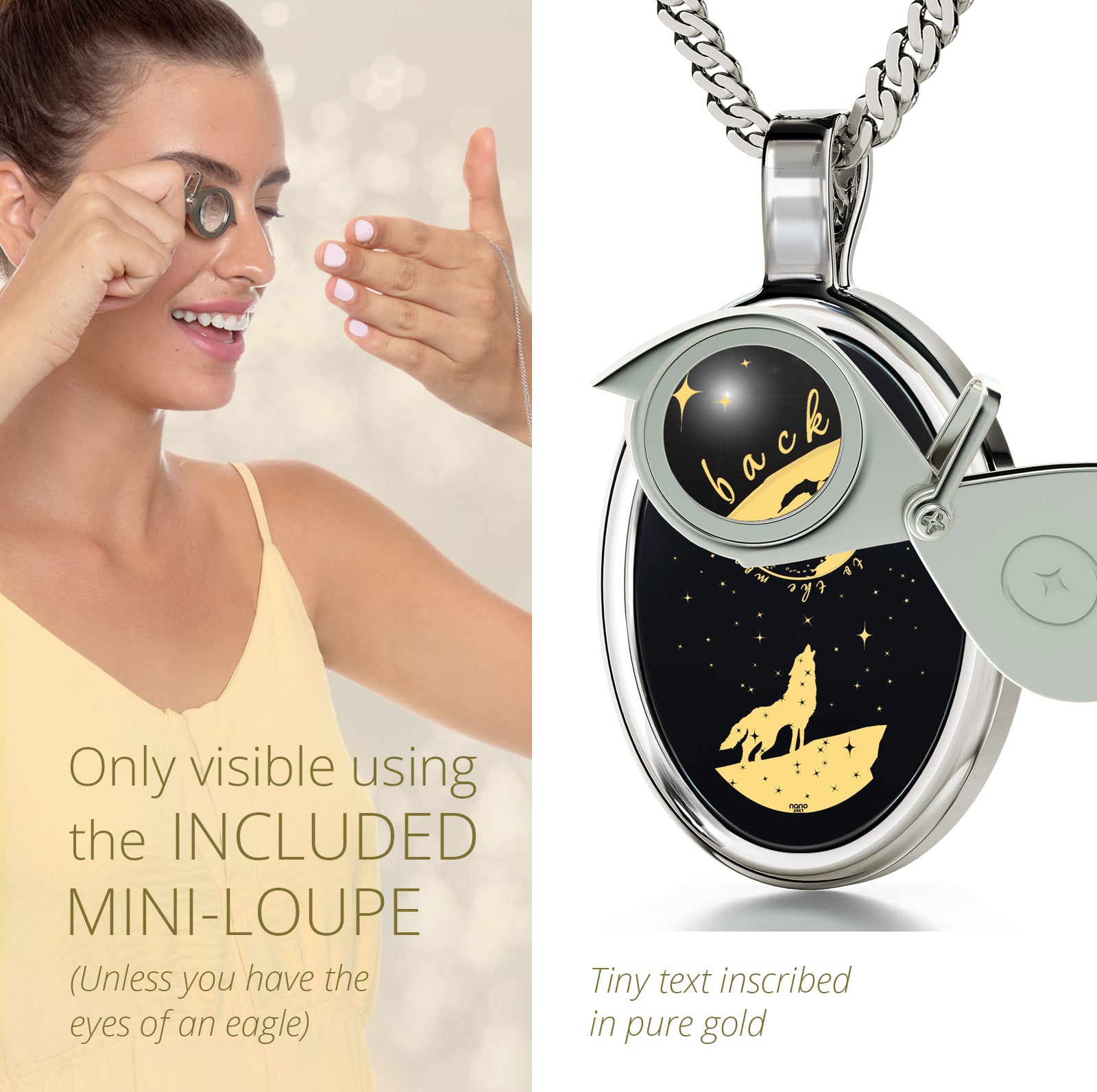 Girl looking thru magnifying glass 24k gold inscribed nanostyle necklace