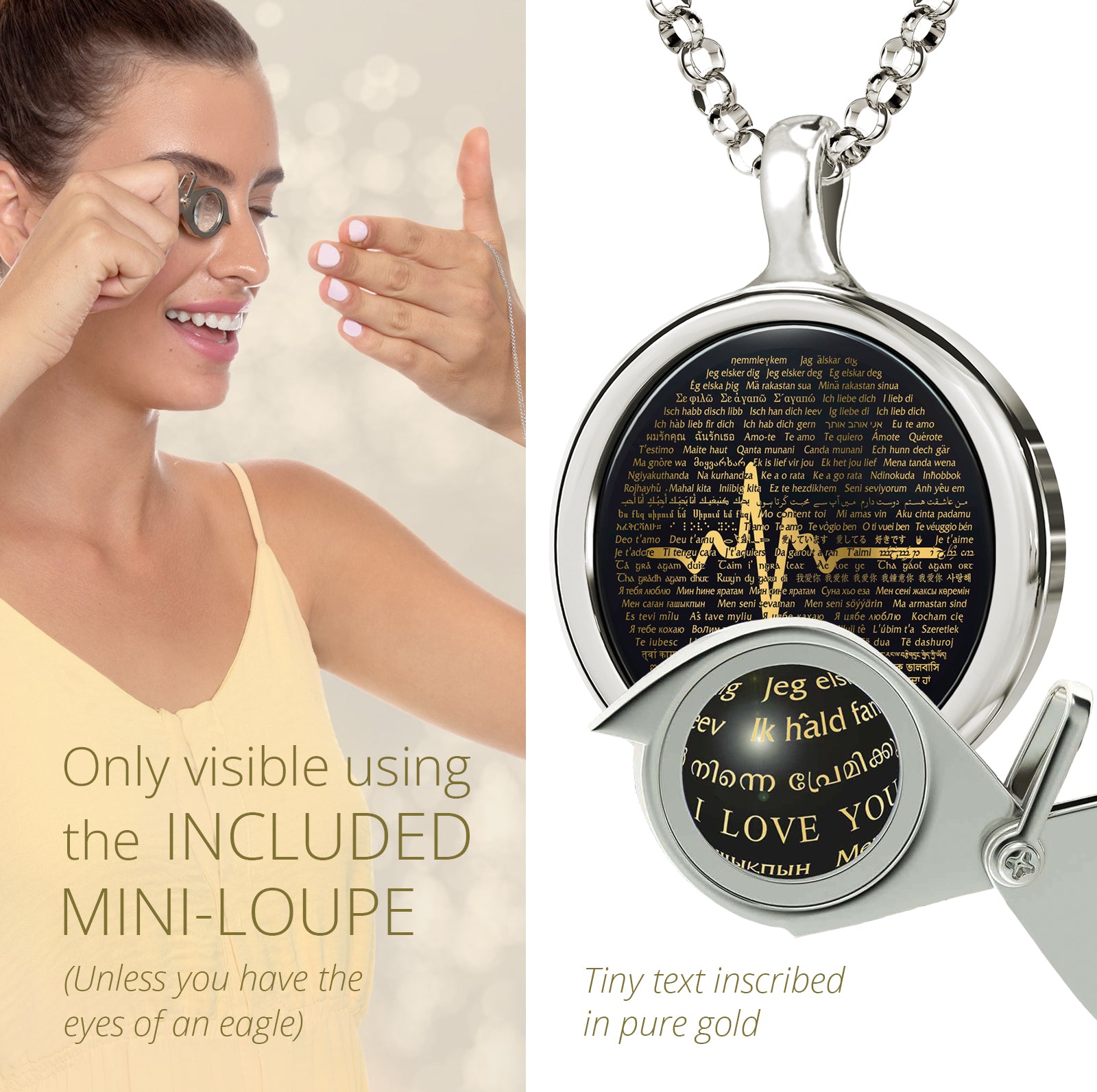 Girl looking thru magnifying glass 24k gold inscribed nanostyle necklace