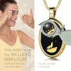 Girl looking thru magnifying glass 24k gold inscribed nanostyle necklace