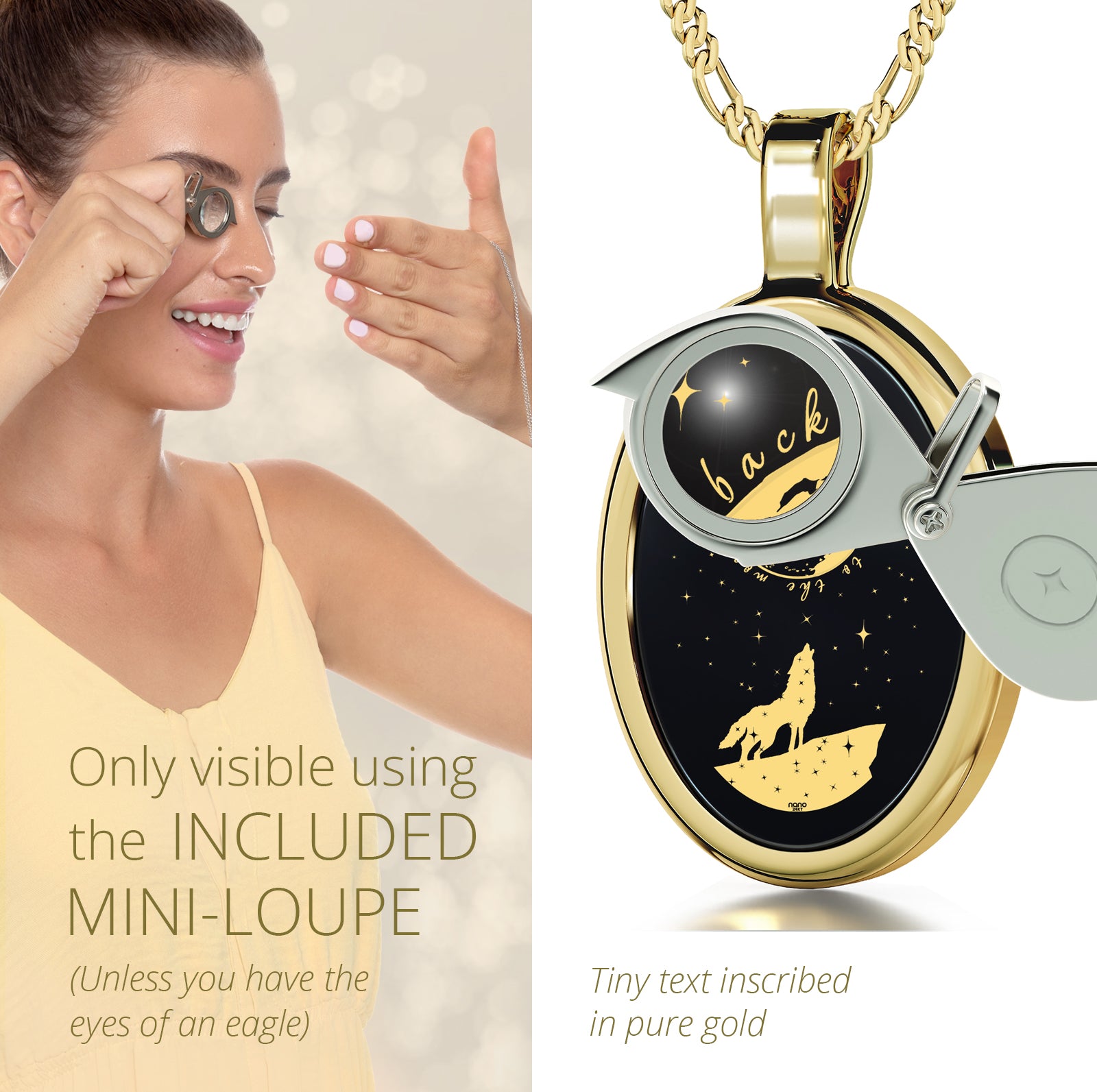Girl looking thru magnifying glass 24k gold inscribed nanostyle necklace