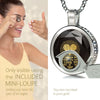 Girl looking thru magnifying glass 24k gold inscribed nanostyle necklace