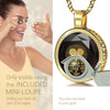 Girl looking thru magnifying glass 24k gold inscribed nanostyle necklace