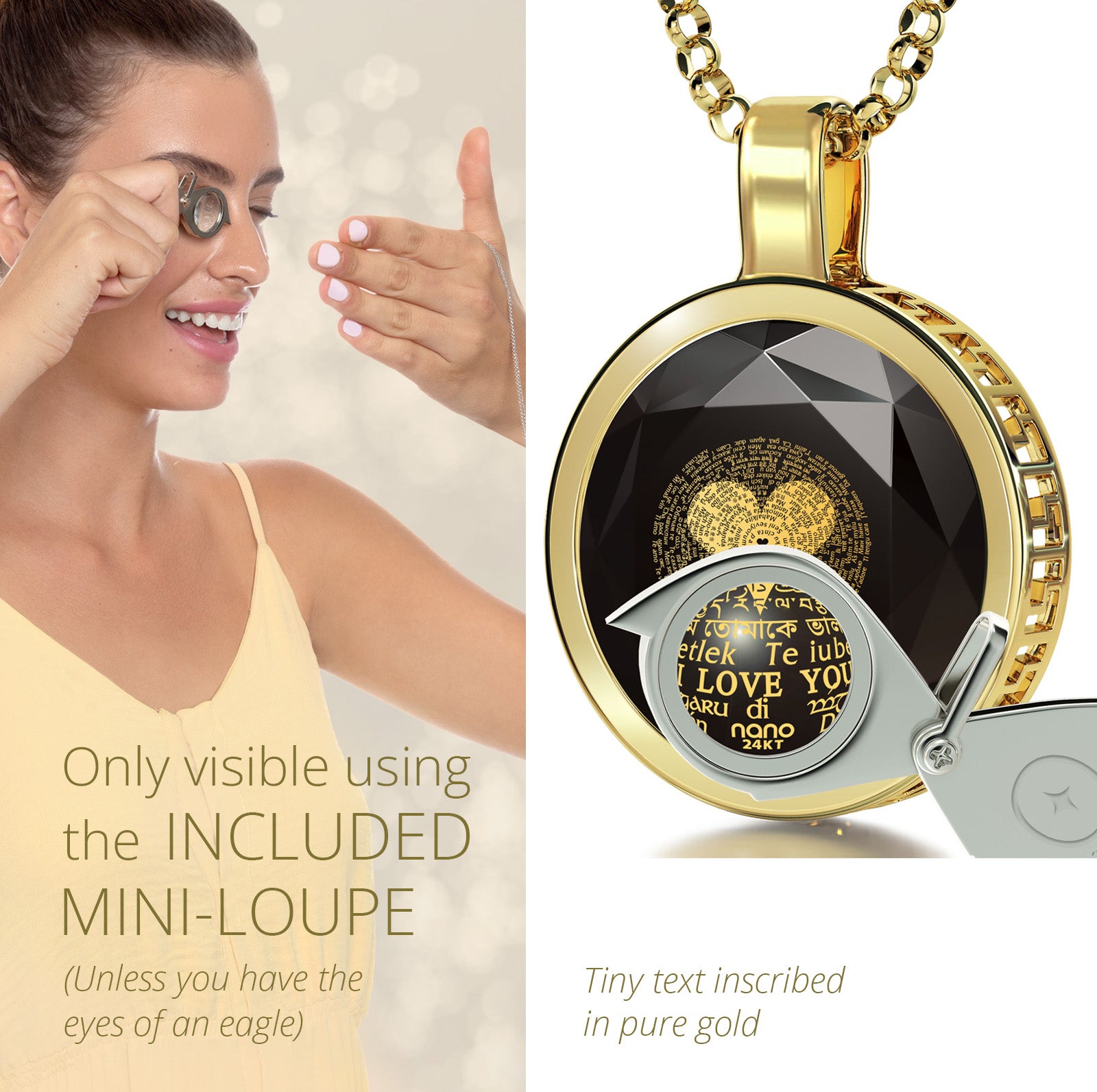 Girl looking thru magnifying glass 24k gold inscribed nanostyle necklace