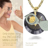 Girl looking thru magnifying glass 24k gold inscribed nanostyle necklace