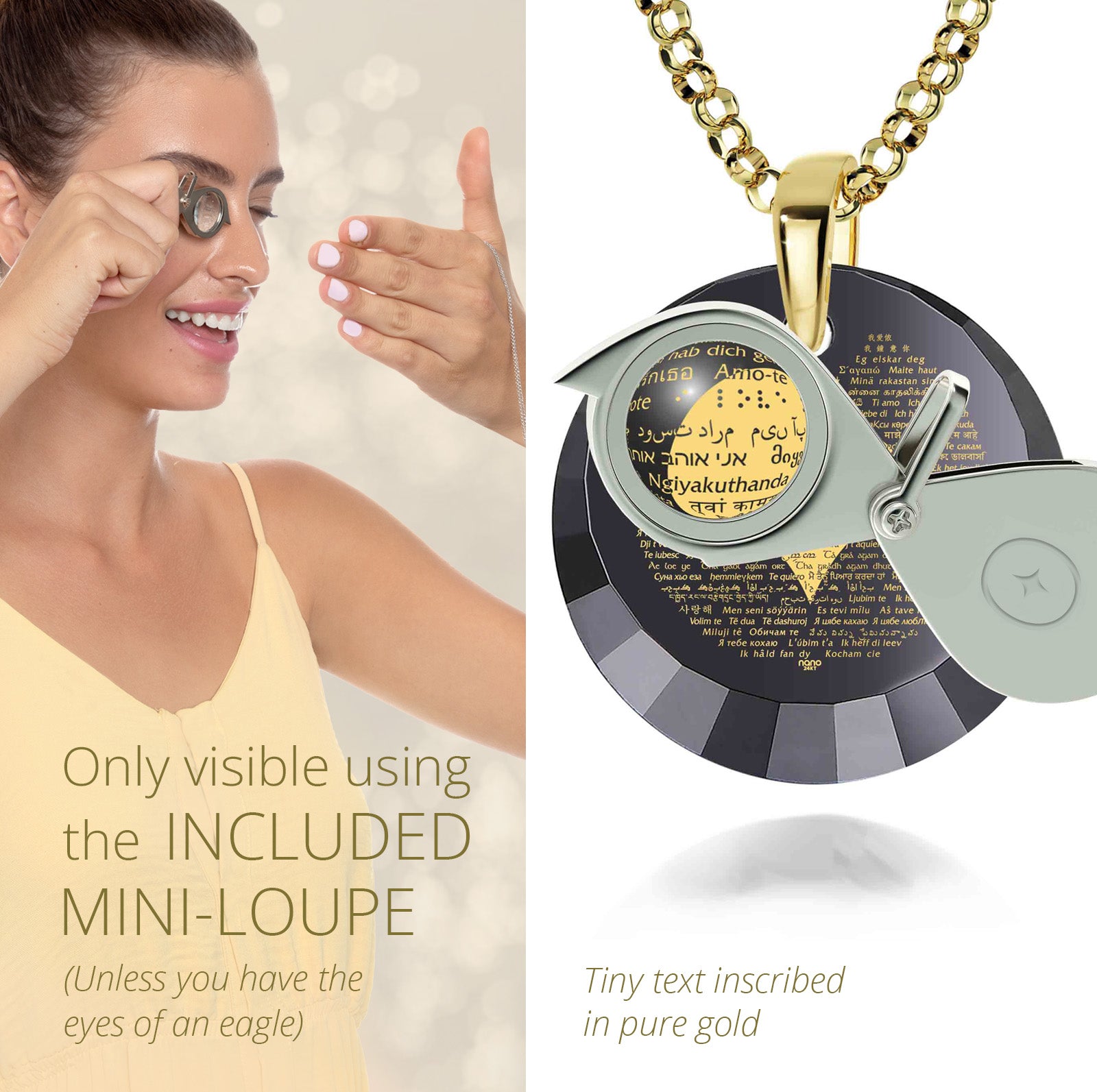 Girl looking thru magnifying glass 24k gold inscribed nanostyle necklace