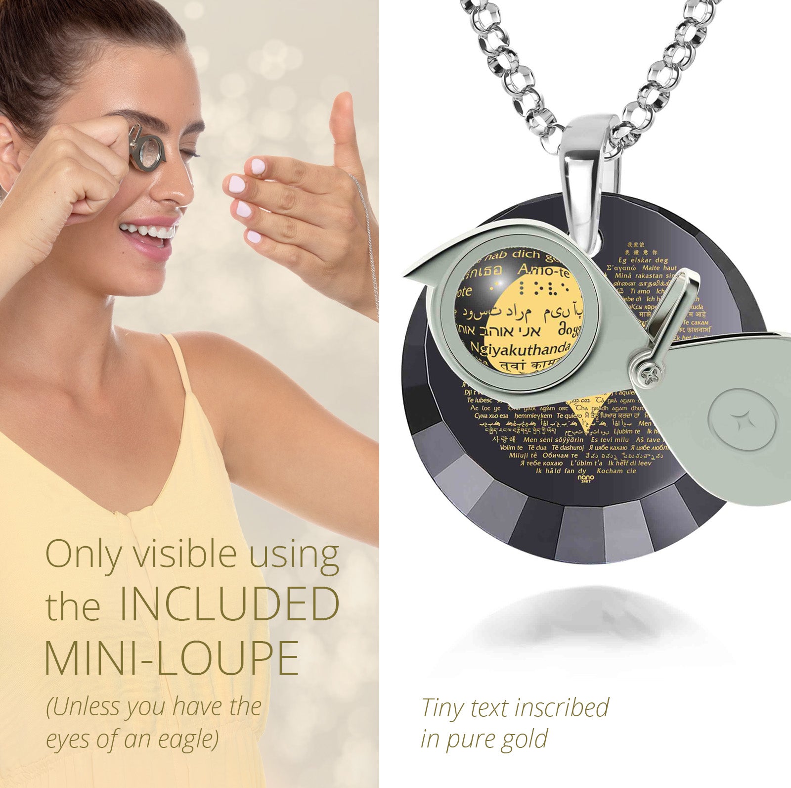 Girl looking thru magnifying glass 24k gold inscribed nanostyle necklace