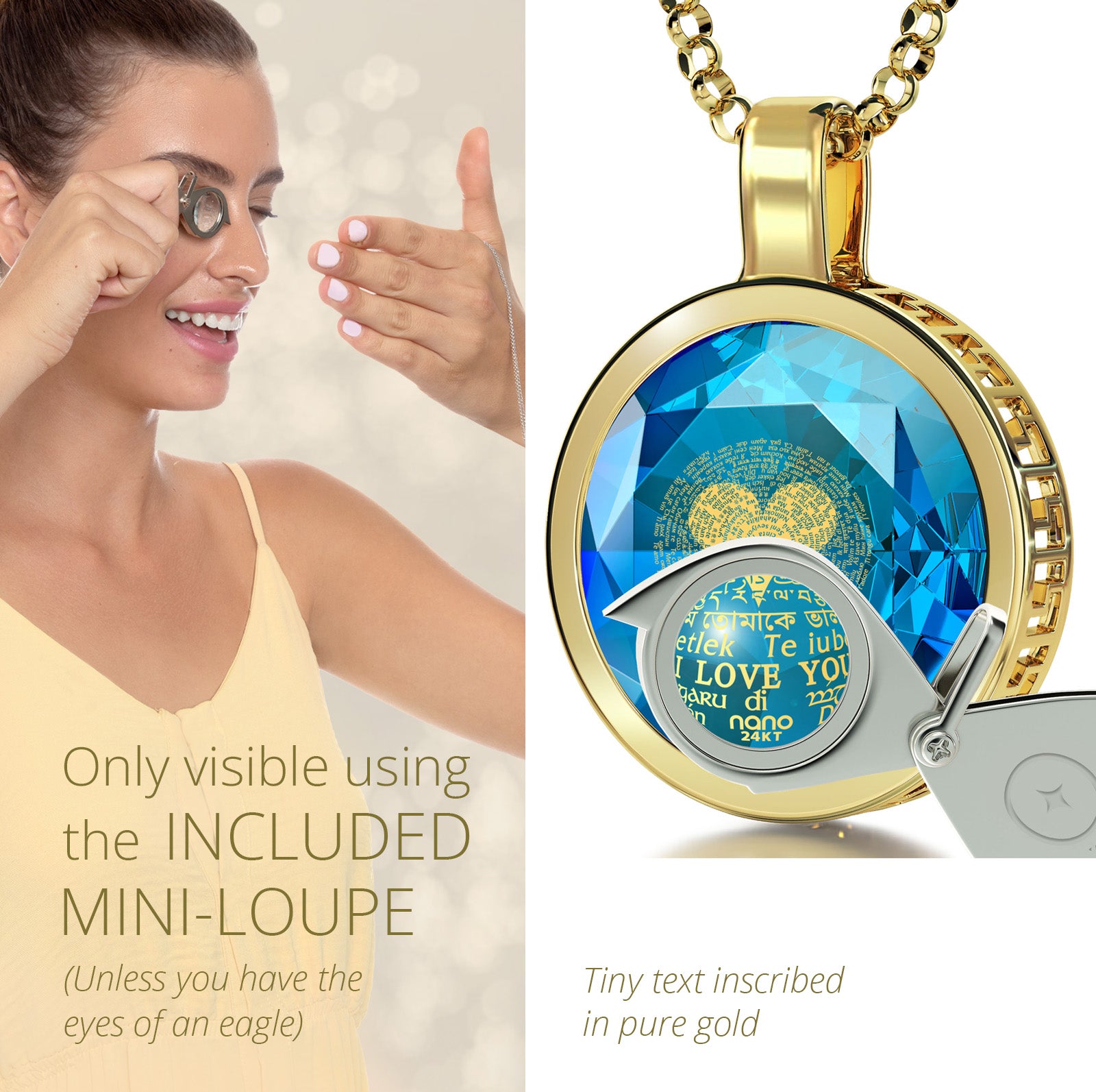 Girl looking thru magnifying glass 24k gold inscribed nanostyle necklace