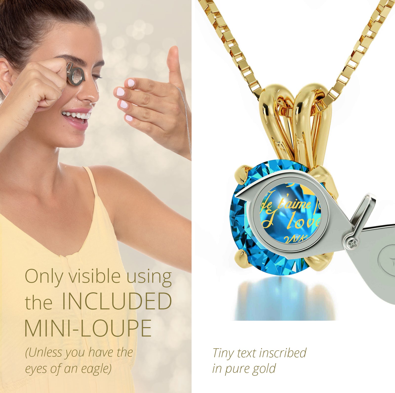 Girl looking thru magnifying glass 24k gold inscribed nanostyle necklace