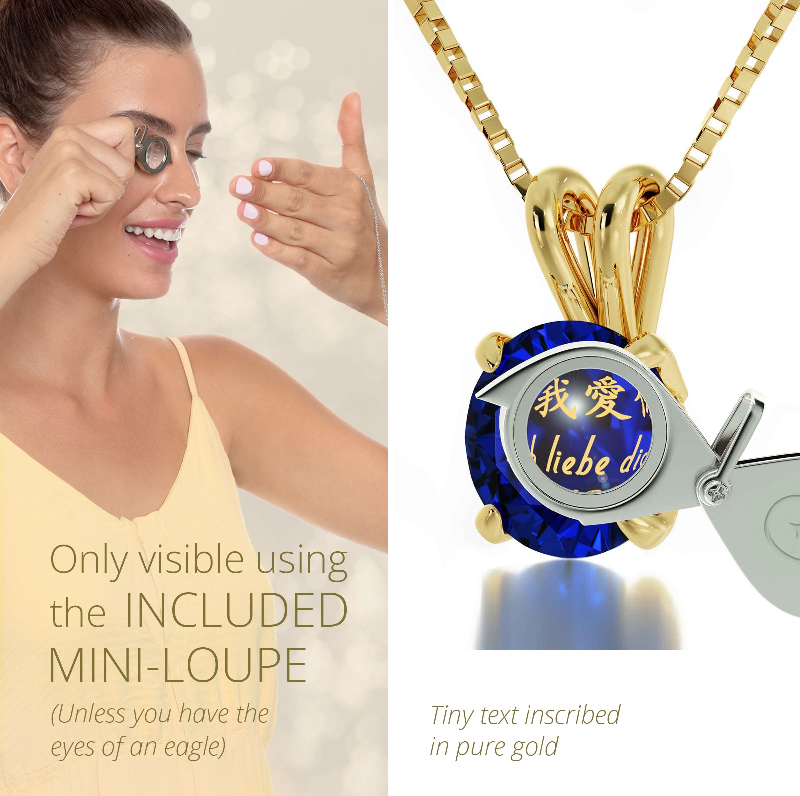 Girl looking thru magnifying glass 24k gold inscribed nanostyle necklace