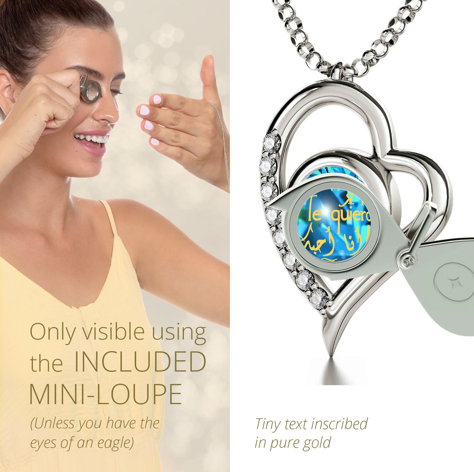 Girl looking thru magnifying glass 24k gold inscribed nanostyle necklace