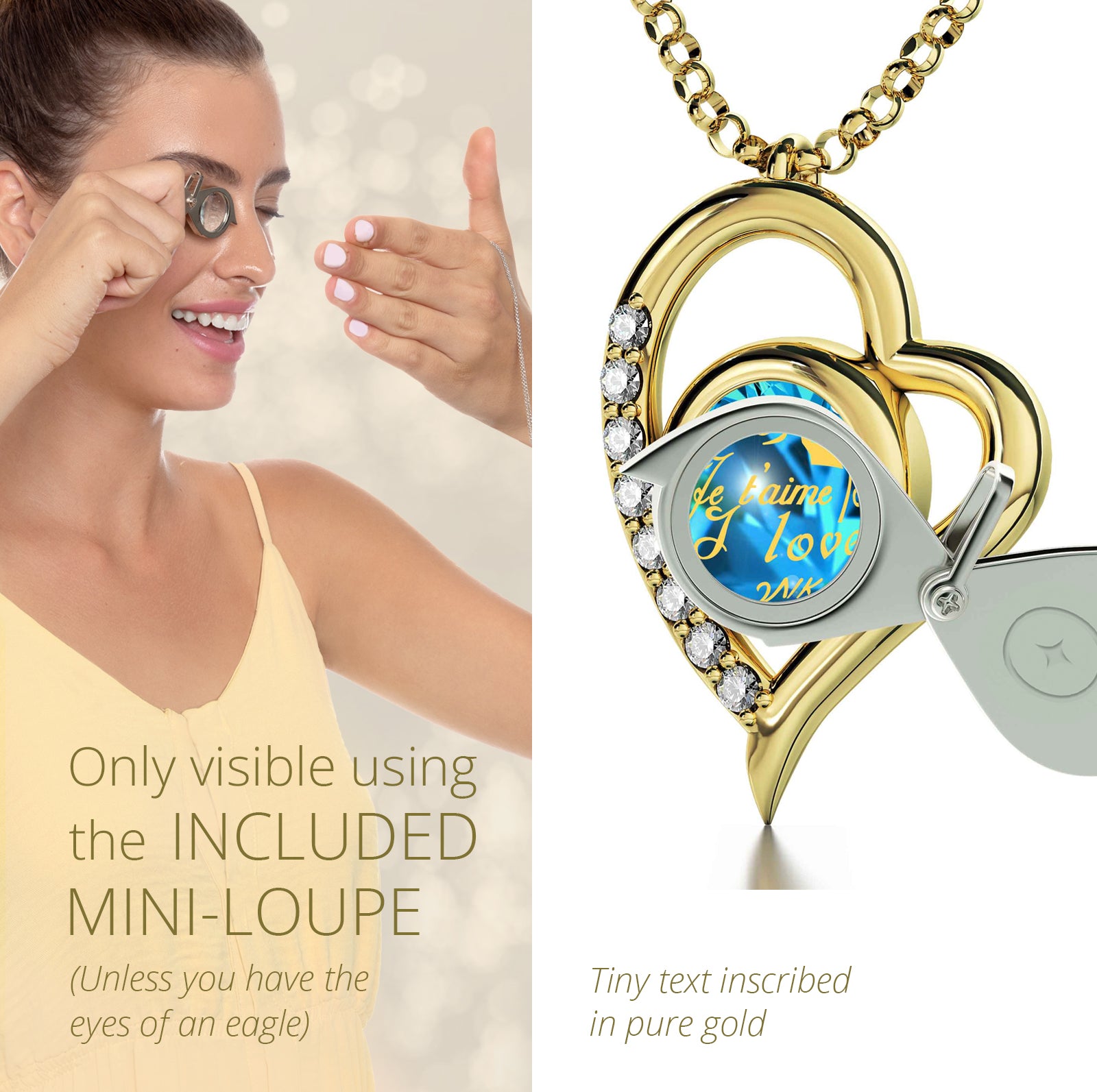 Girl looking thru magnifying glass 24k gold inscribed nanostyle necklace