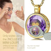 Girl looking thru magnifying glass 24k gold inscribed nanostyle necklace