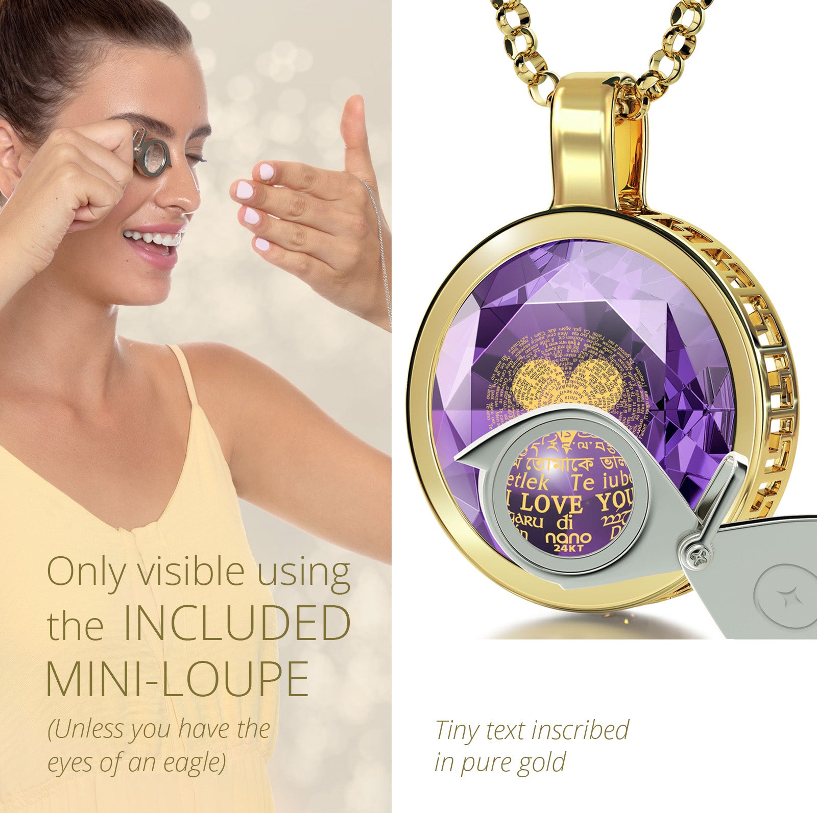 Girl looking thru magnifying glass 24k gold inscribed nanostyle necklace