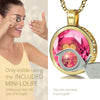 Girl looking thru magnifying glass 24k gold inscribed nanostyle necklace
