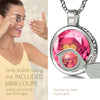 Girl looking thru magnifying glass 24k gold inscribed nanostyle necklace