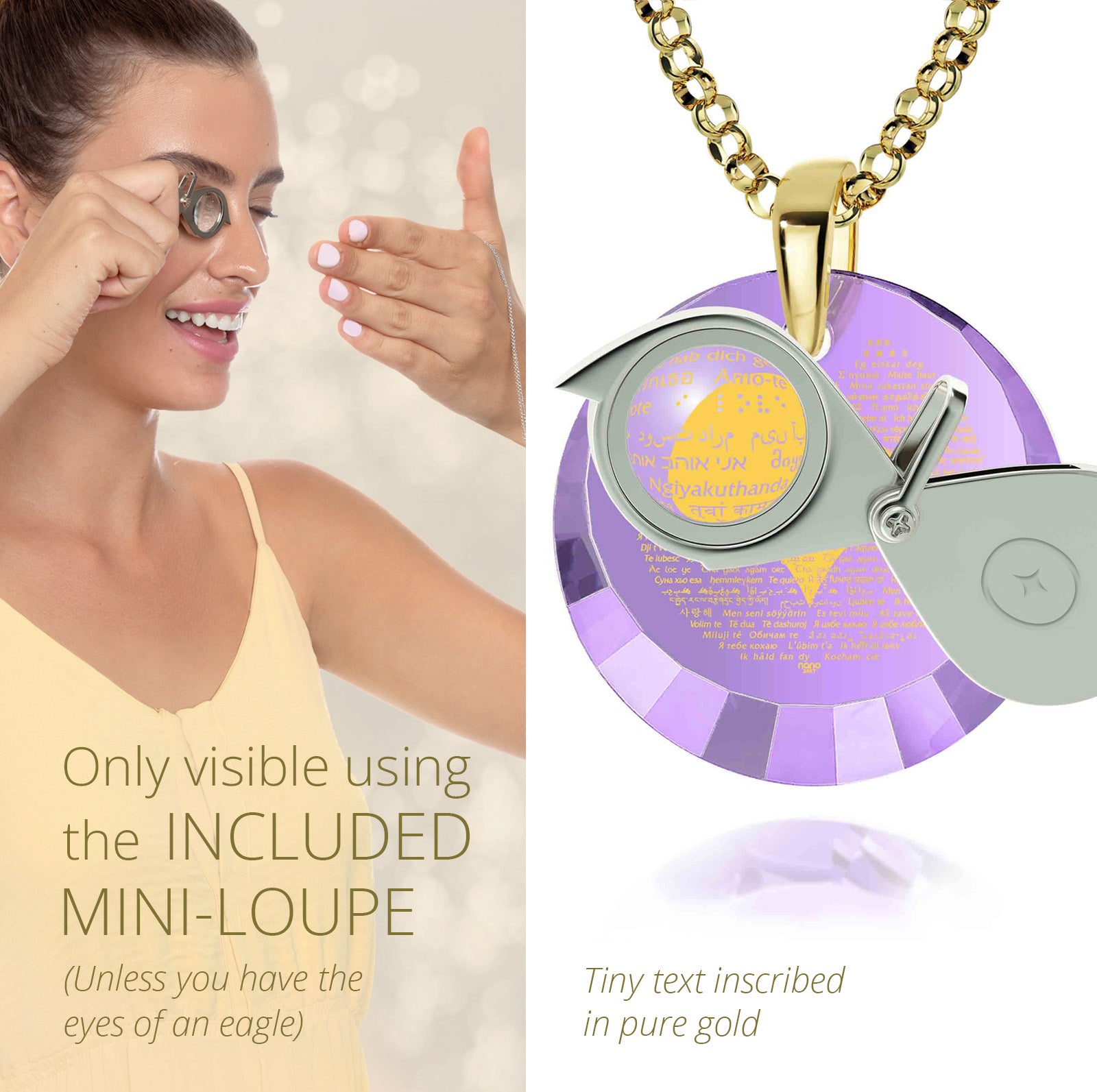 Girl looking thru magnifying glass 24k gold inscribed nanostyle necklace