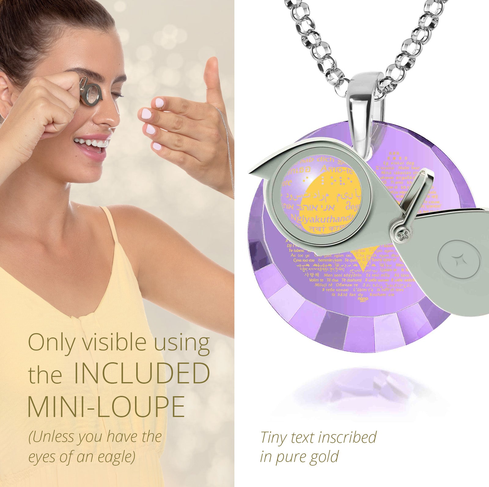 Girl looking thru magnifying glass 24k gold inscribed nanostyle necklace