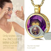 Girl looking thru magnifying glass 24k gold inscribed nanostyle necklace