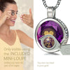 Girl looking thru magnifying glass 24k gold inscribed nanostyle necklace