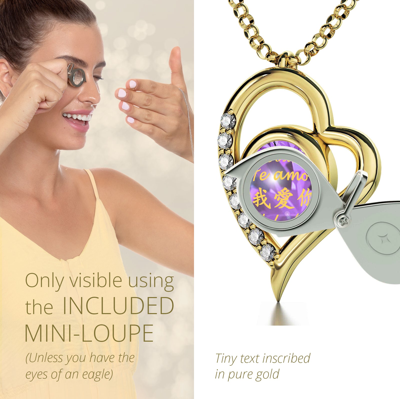 Girl looking thru magnifying glass 24k gold inscribed nanostyle necklace