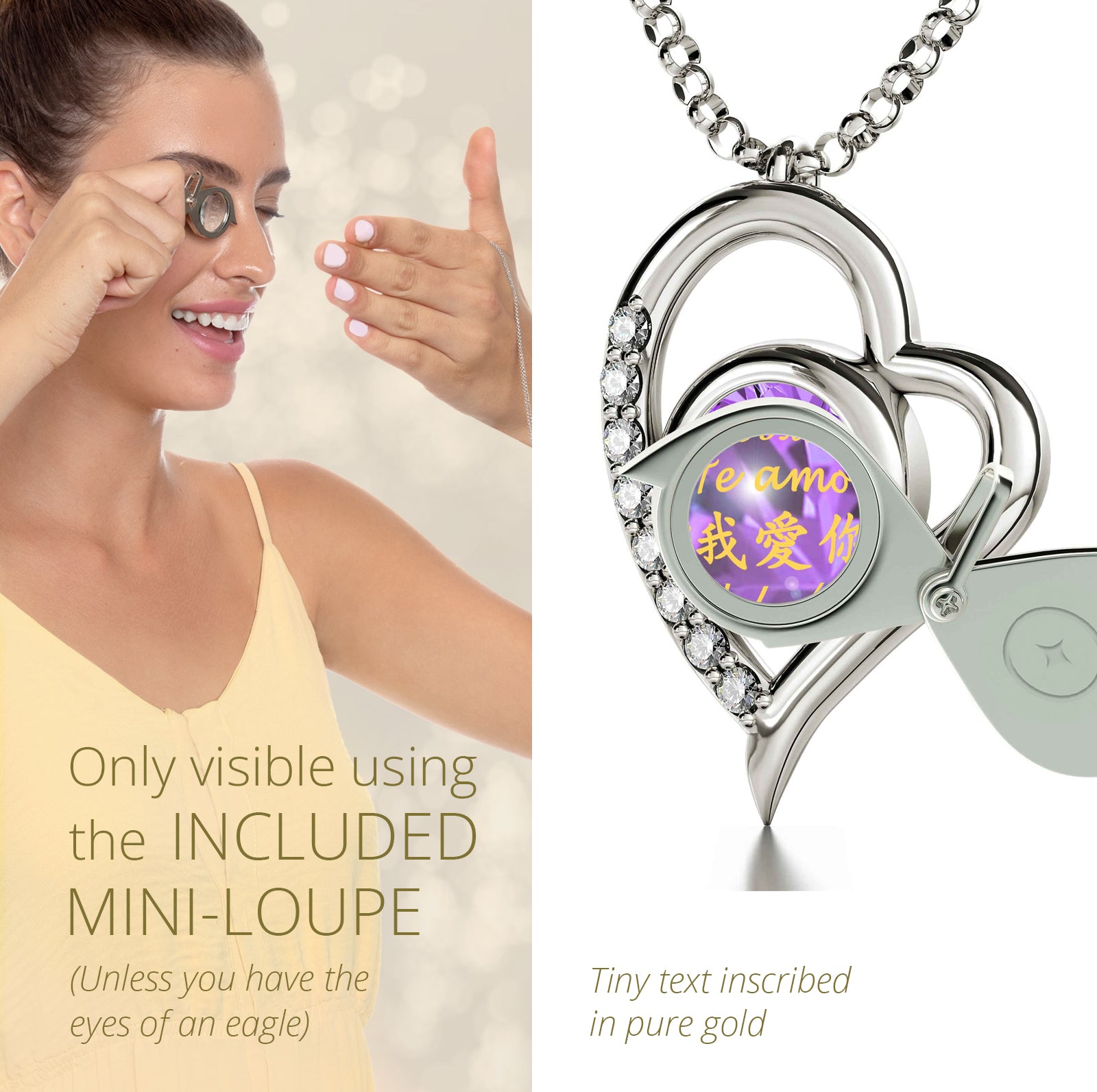 Girl looking thru magnifying glass 24k gold inscribed nanostyle necklace