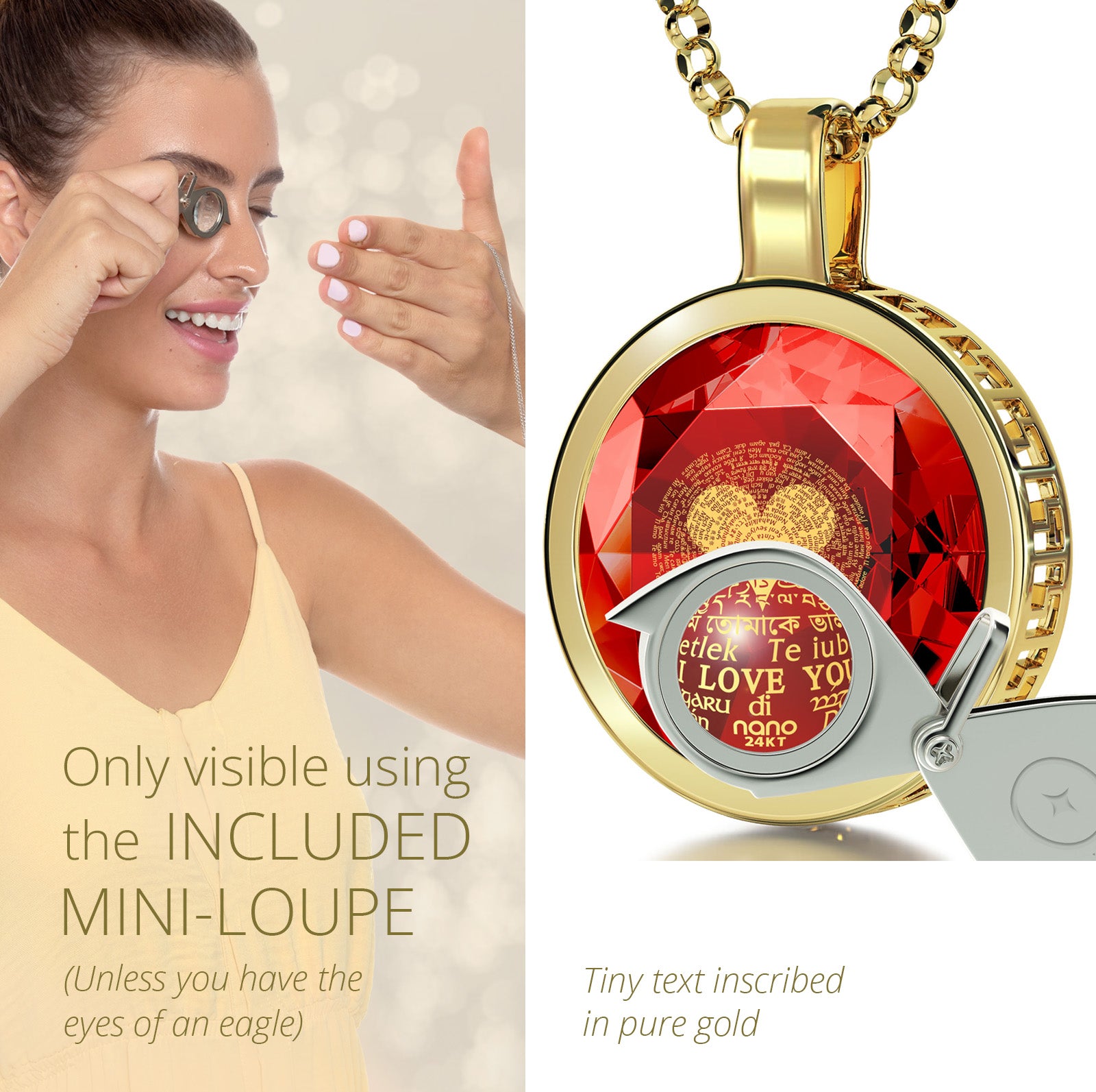 Girl looking thru magnifying glass 24k gold inscribed nanostyle necklace