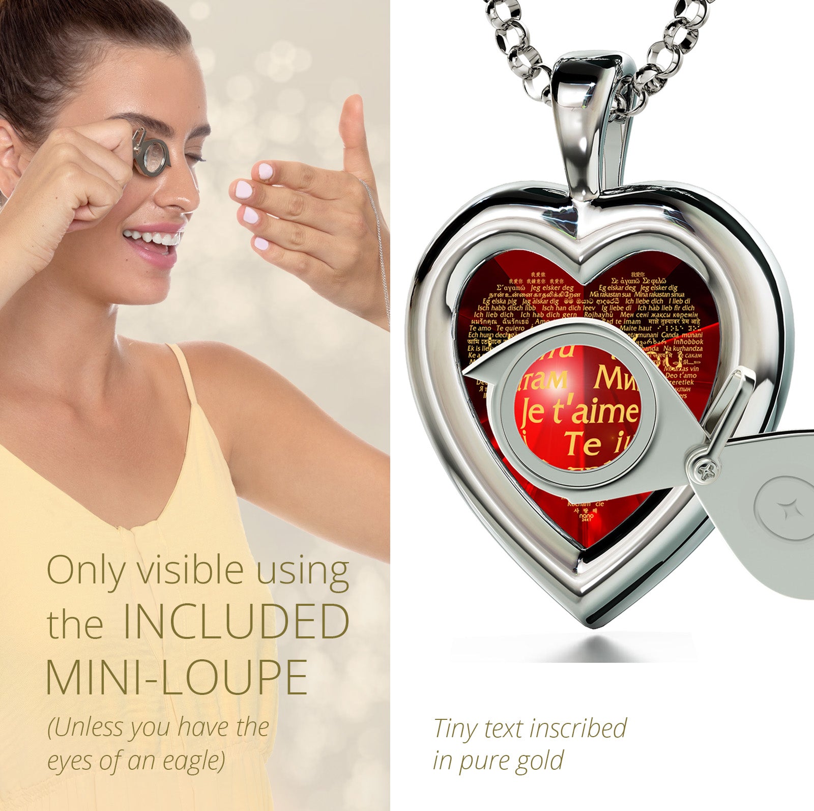 Girl looking thru magnifying glass 24k gold inscribed nanostyle necklace