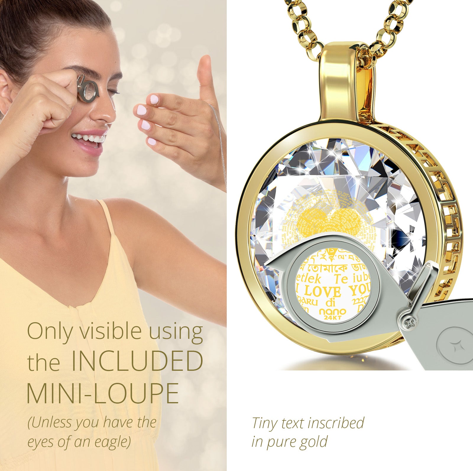 Girl looking thru magnifying glass 24k gold inscribed nanostyle necklace