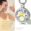 Girl looking thru magnifying glass 24k gold inscribed nanostyle necklace