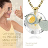 Girl looking thru magnifying glass 24k gold inscribed nanostyle necklace