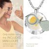 Girl looking thru magnifying glass 24k gold inscribed nanostyle necklace