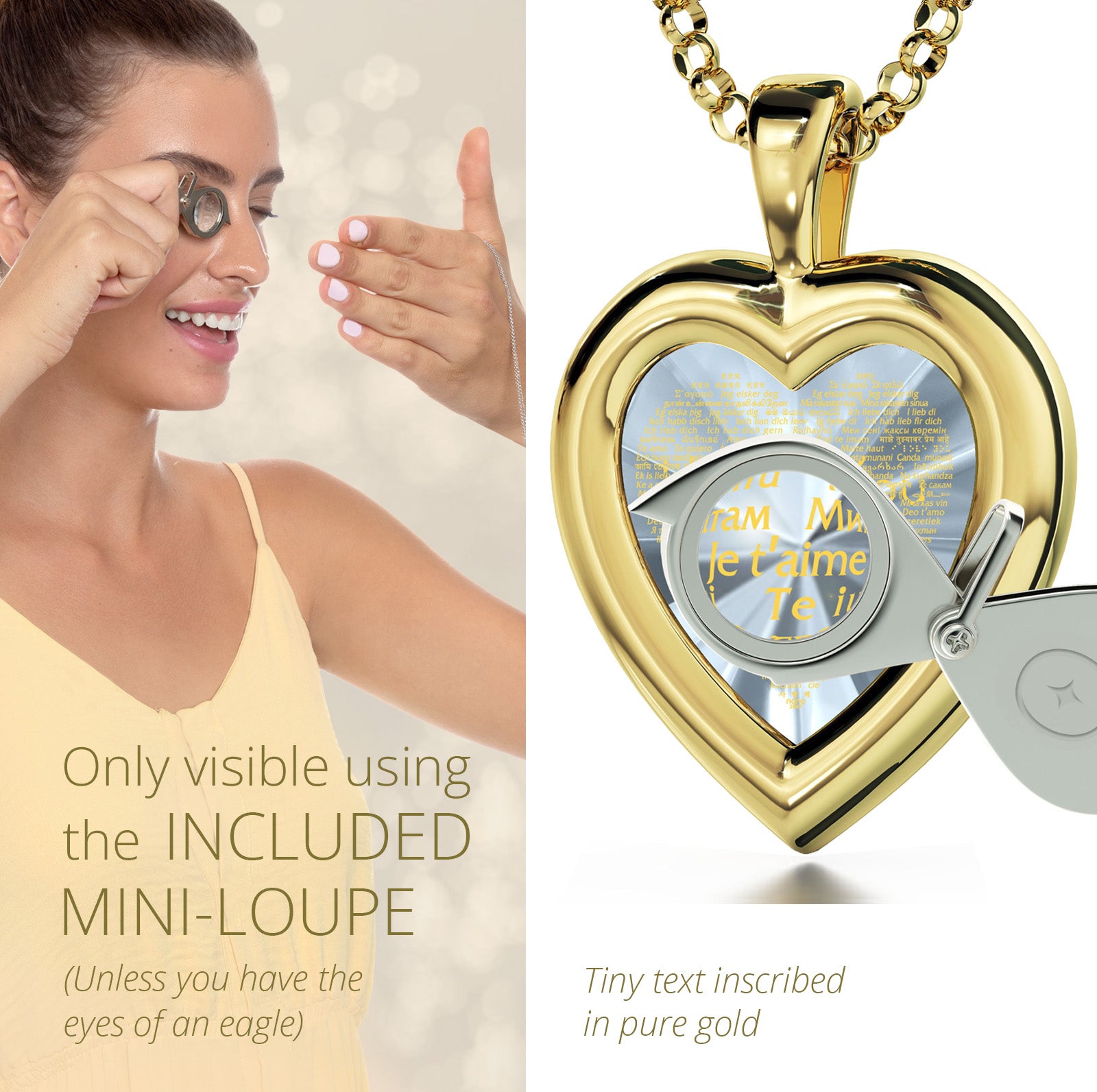 Girl looking thru magnifying glass 24k gold inscribed nanostyle necklace