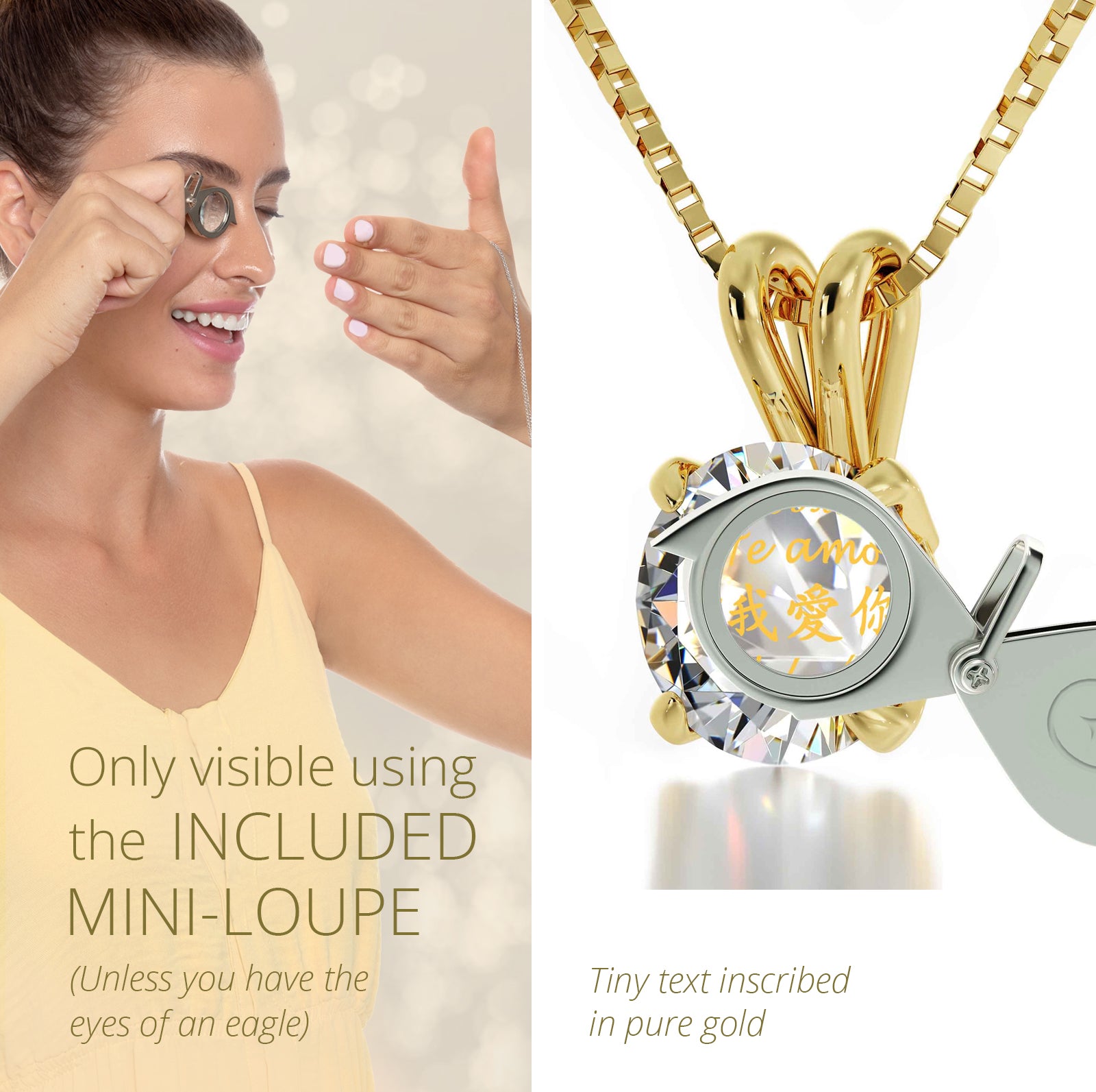 Girl looking thru magnifying glass 24k gold inscribed nanostyle necklace