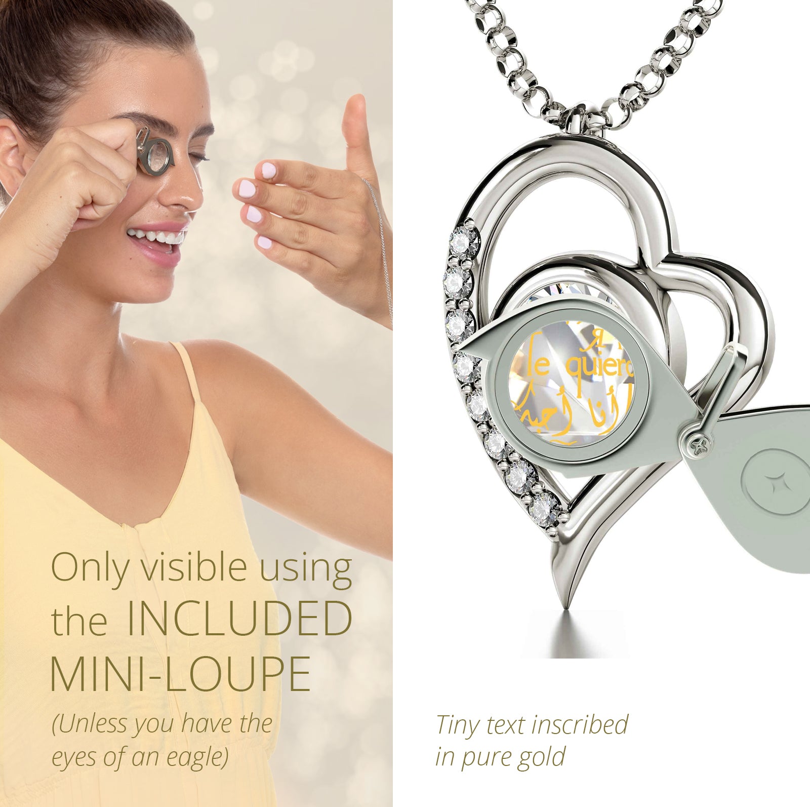 Girl looking thru magnifying glass 24k gold inscribed nanostyle necklace