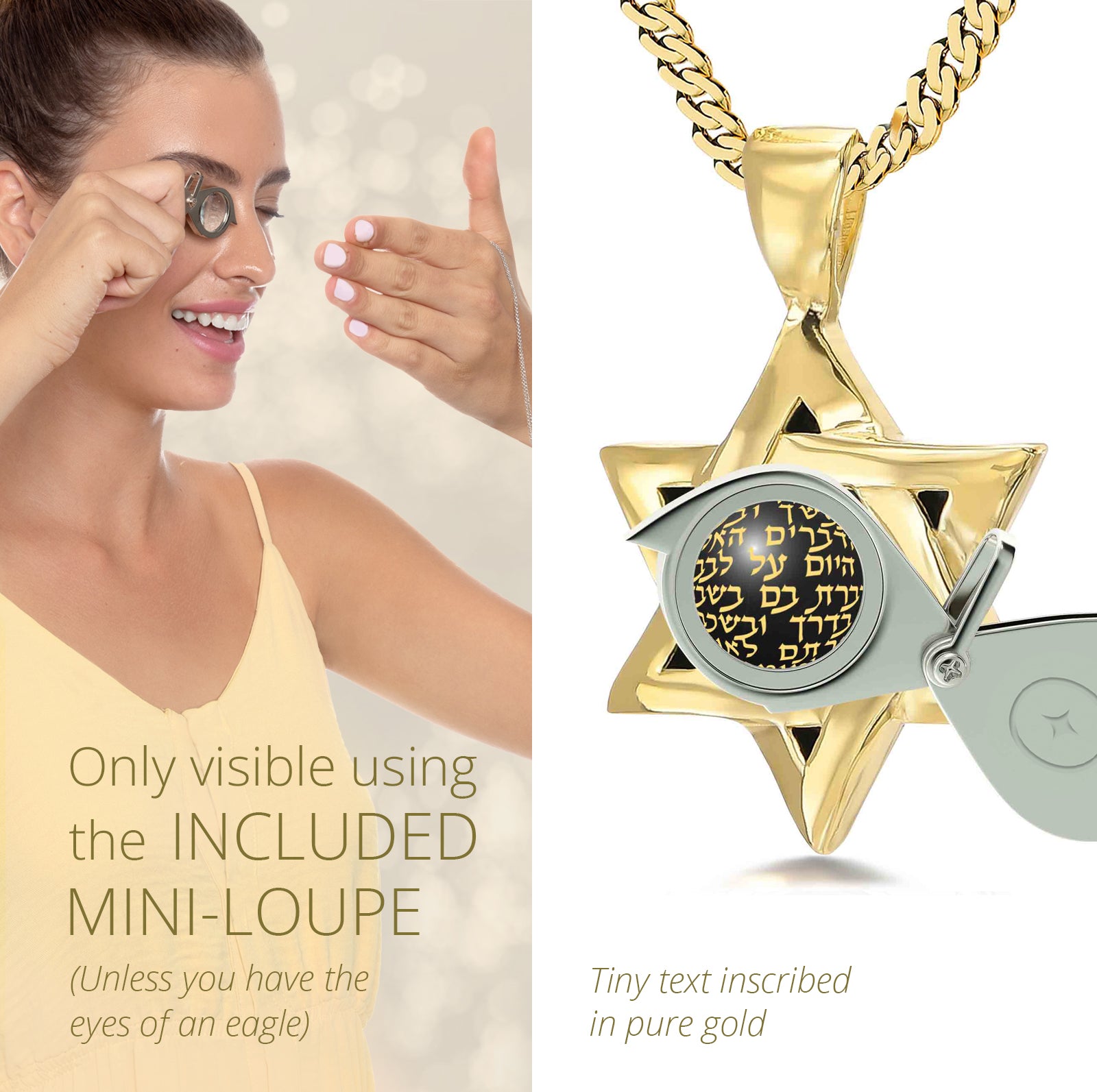 girl-looking-magnifying-glass-nanostyle jewelry 24k gold inscribed shema israel gold plated silver necklace