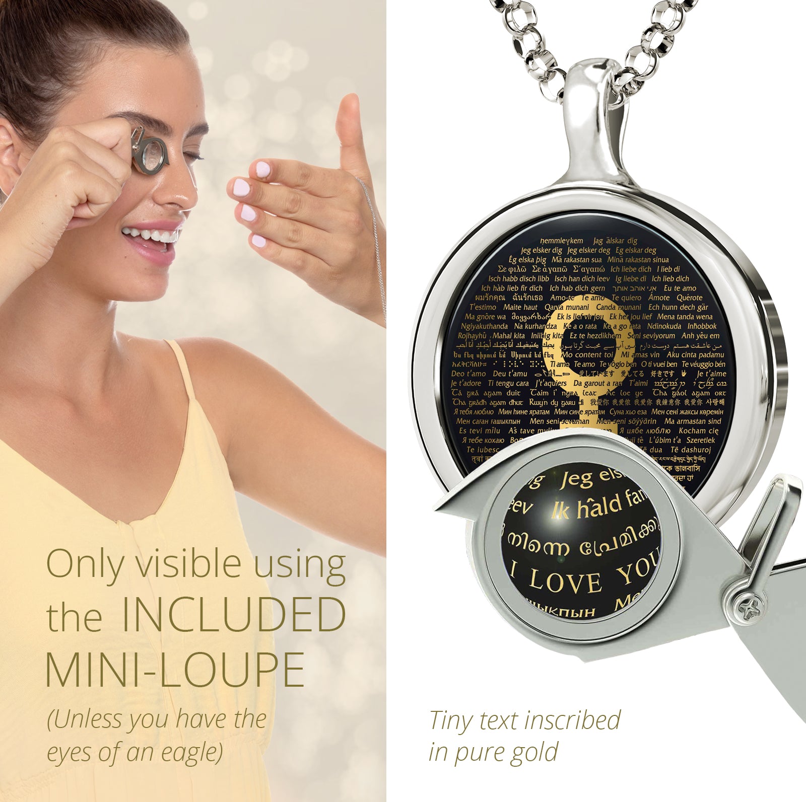 Girl looking thru magnifying glass 24k gold inscribed nanostyle necklace