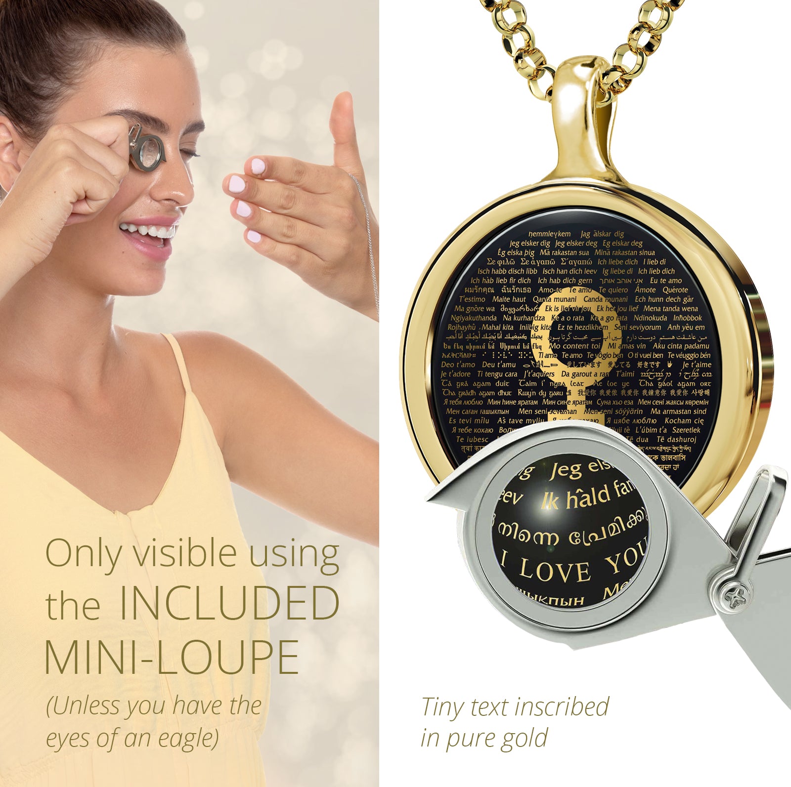 Girl looking thru magnifying glass 24k gold inscribed nanostyle necklace