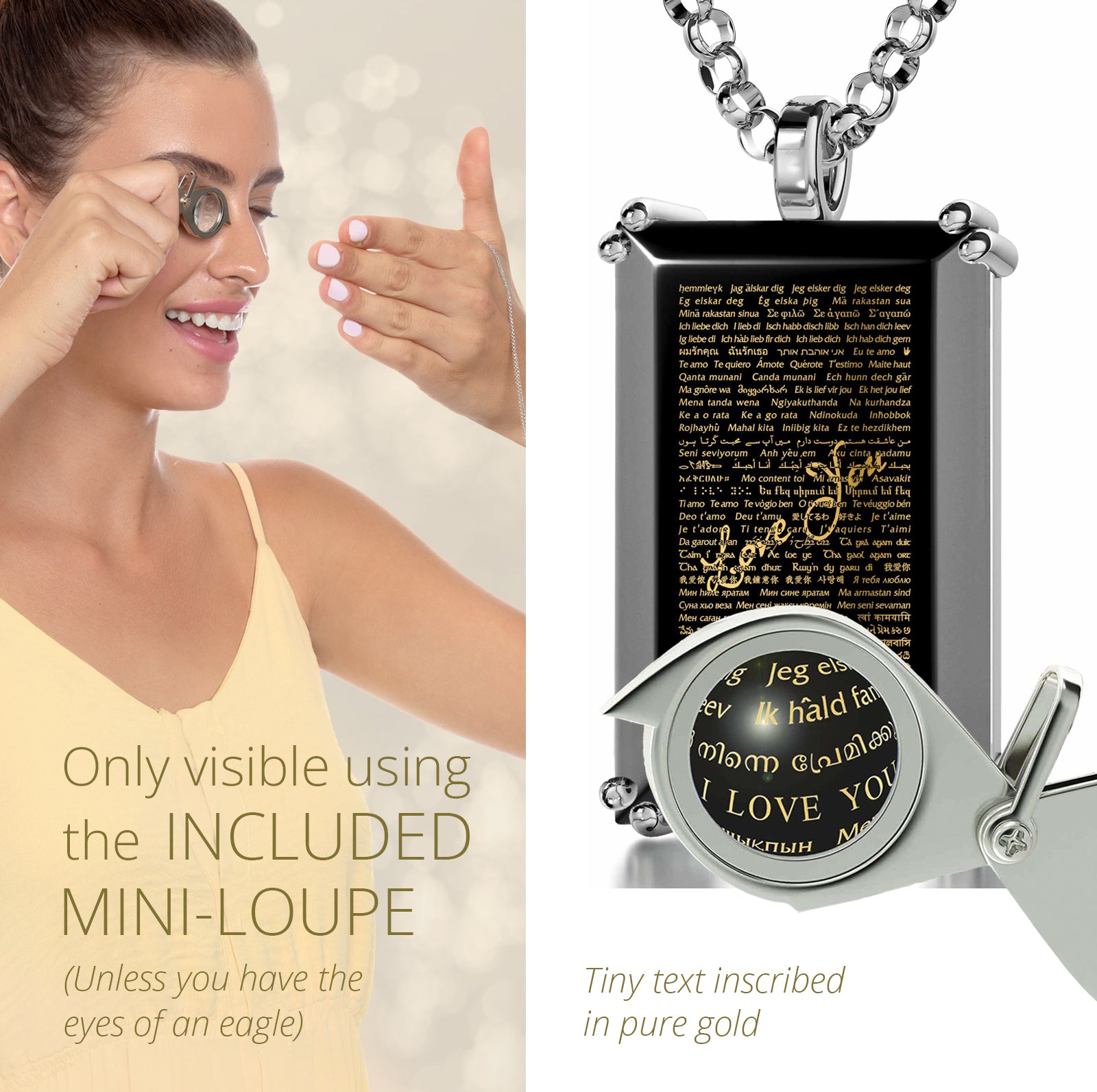 Girl looking thru magnifying glass 24k gold inscribed nanostyle necklace