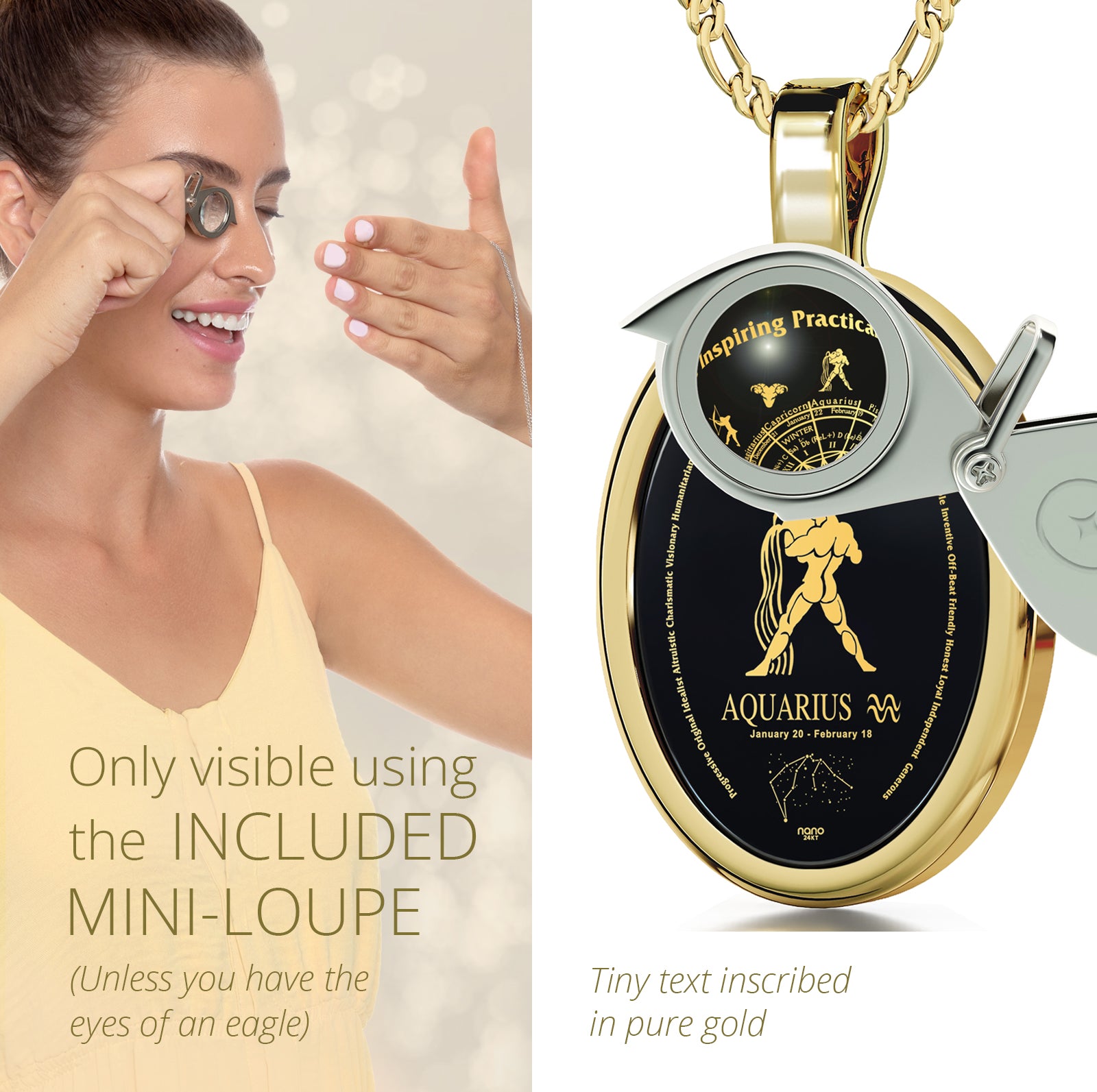 Girl looking thru magnifying glass 24k gold inscribed nanostyle necklace