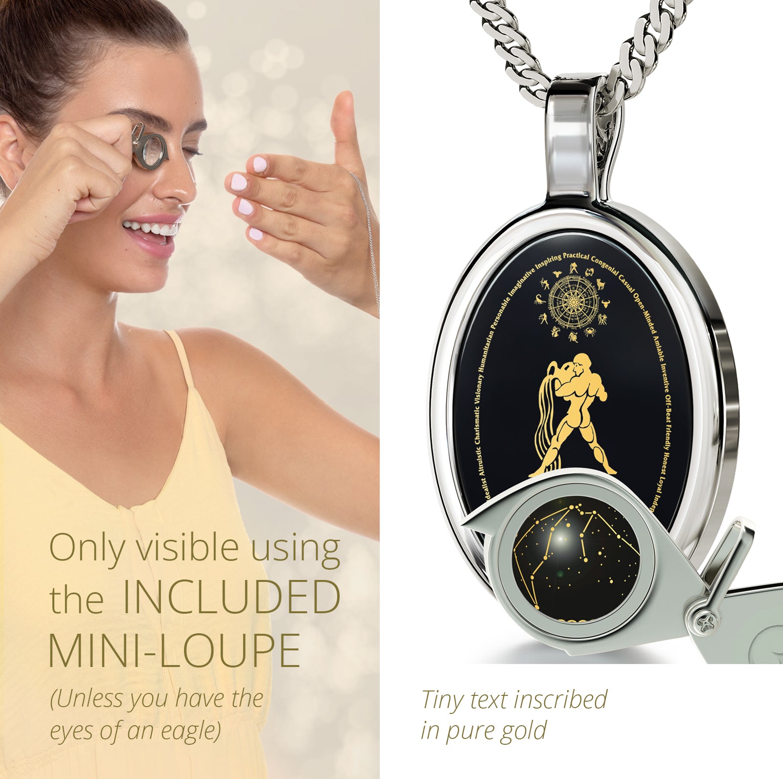 Girl looking thru magnifying glass 24k gold inscribed nanostyle necklace