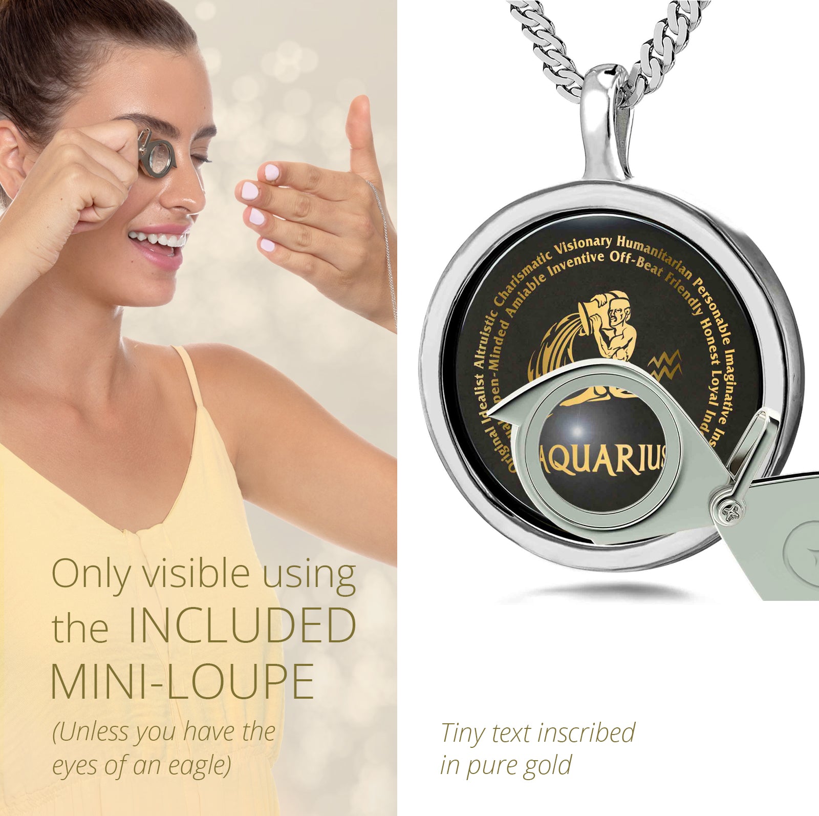 Female Looking thru Magnifying glass Aquarius Necklace Inscribed in 24k Gold Water-bearer and personality characteristics Nano Jewelry
