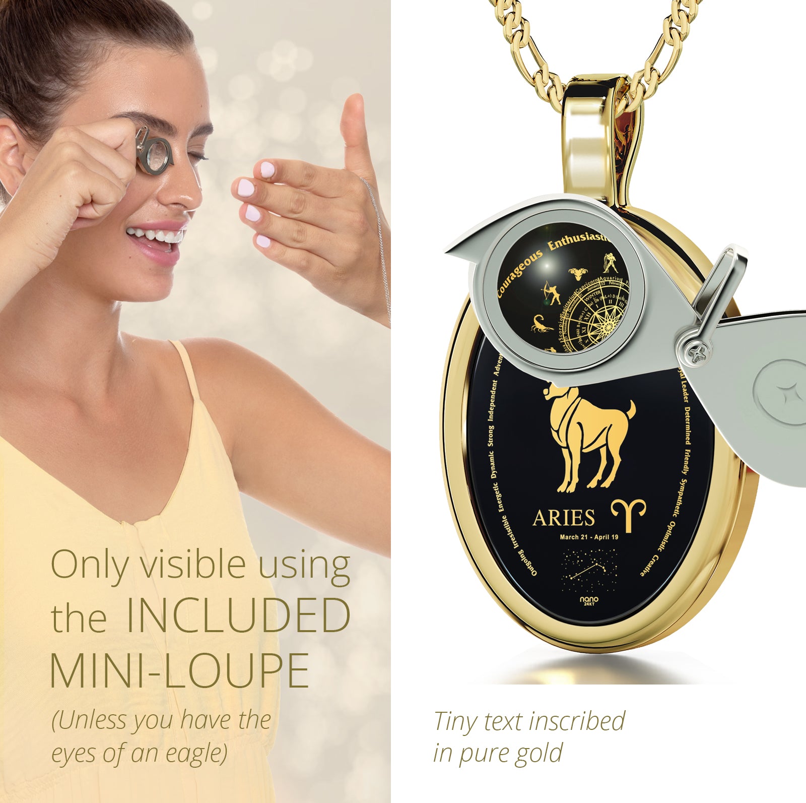 Girl looking thru magnifying glass 24k gold inscribed nanostyle necklace