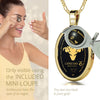 Girl looking thru magnifying glass 24k gold inscribed nanostyle necklace