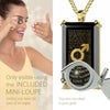 Girl looking thru magnifying glass 24k gold inscribed nanostyle necklace